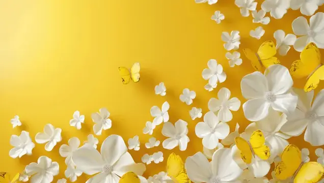 3D-рендер с белыми цветами и жёлтыми бабочками на ярком фоне