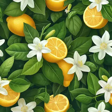 Иллюстрация с лимонами и белыми цветами на зелёных листьях
