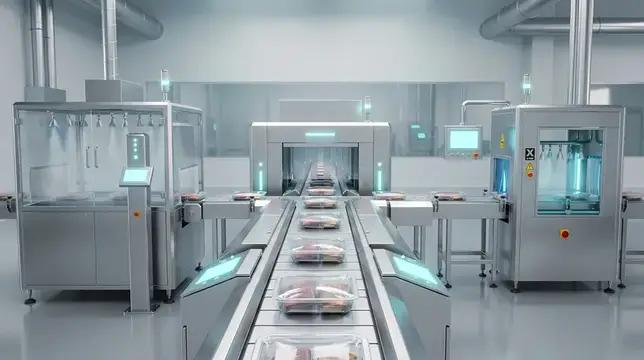 3D-рендер современного конвейера на пищевом производстве