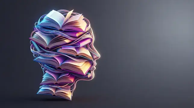 3D-рендер профиля человека из разноцветных раскрытых книг