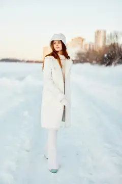 Молодая женщина в белом пальто и шапке стоит на заснеженном поле