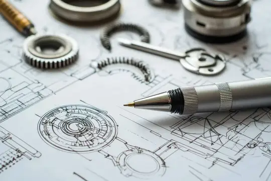 Крупный план инженерных инструментов и серебряной ручки на детальных технических чертежах, подчеркивающий технический дизайн, точность и творческий подход в инженерии