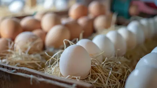 Крупный план белых и коричневых яиц, уложенных в солому, выделяющий их естественные цвета и фермерскую свежесть
