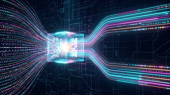 3D-рендер цифрового куба с потоками данных на тёмном фоне