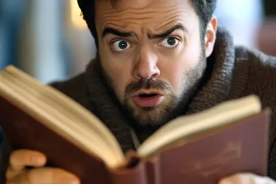 Бородатый мужчина с удивлением читает книгу