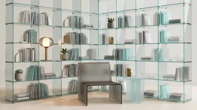3D-рендер светлой библиотеки со стеклянными стеллажами и серым креслом