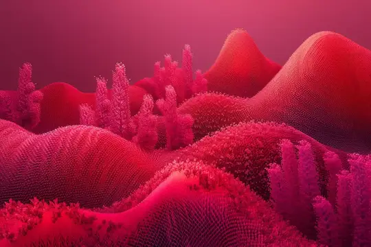 3D-рендер розового инопланетного пейзажа с холмами и кораллами