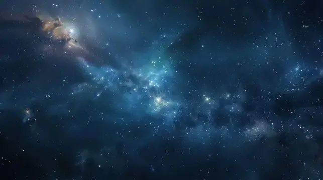 Завораживающая космическая сцена с темно-синим звездным фоном, наполненным яркими туманностями и мерцающими звездами, вызывающая чувство удивления и стремления к исследованию космоса