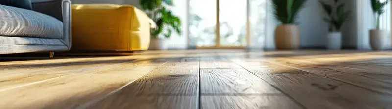 Светлый паркет в интерьере с диваном и растениями