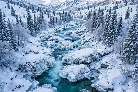 Заснеженная горная река с бирюзовой водой среди елей