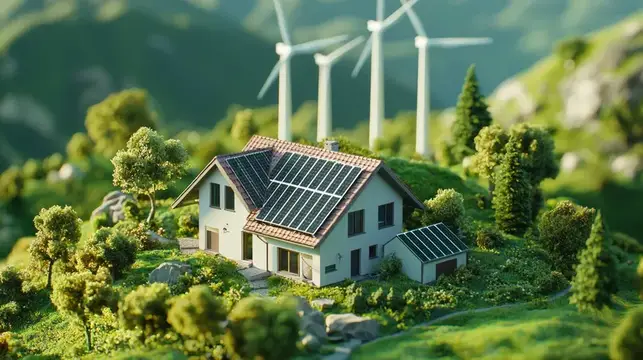 3D-рендер дома с солнечными панелями и ветряками на зелёном холме