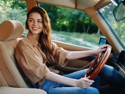 Улыбающаяся темноволосая девушка за рулём автомобиля