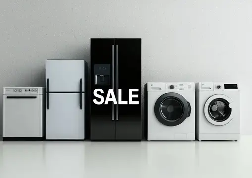 Ряд бытовой техники с надписью SALE на чёрном холодильнике