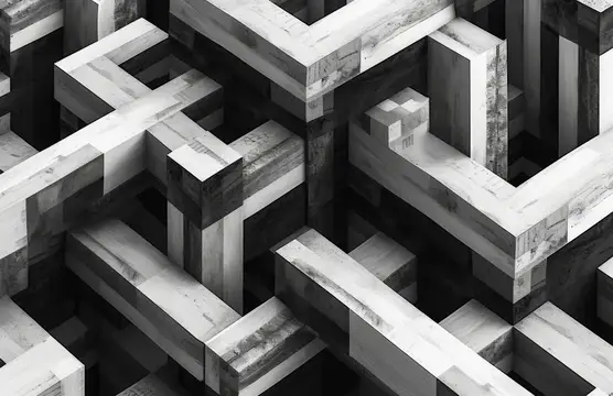 3D-рендер абстрактной лабиринтной структуры из серых блоков