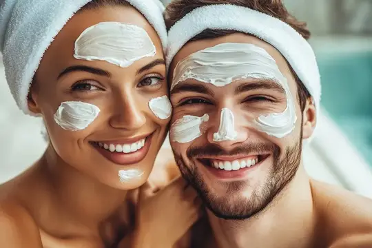 Улыбающиеся мужчина и женщина с косметическими масками на лицах
