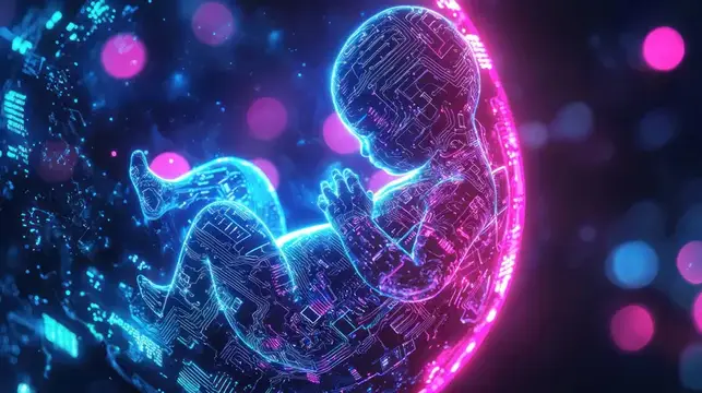 3D-рендер эмбриона из микросхем в неоновом свечении
