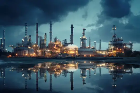 Нефтеперерабатывающий завод светится огнями и отражается в воде под грозовым небом