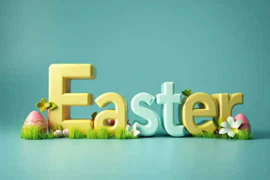 3D-надпись Easter с пасхальными яйцами и цветами на траве