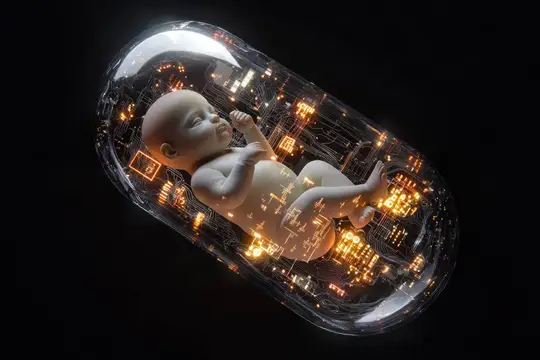 Завораживающее изображение младенца, заключенного в светящуюся цифровую капсулу, символизирующее слияние передовых технологий и новых начинаний