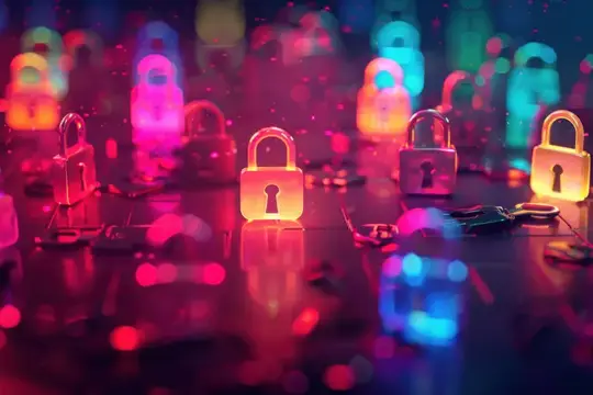 3D-рендер с разноцветными навесными замками в неоновом свете