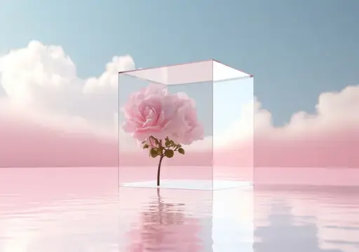 3D-рендер розовой розы в прозрачном кубе на фоне неба и воды