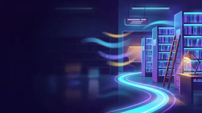 Неоновый интерьер библиотеки со светящимися книжными стеллажами и открытым свободным пространством слева для образовательных и читательских кампаний