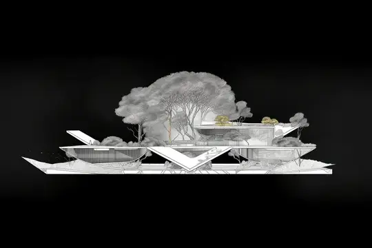 Абстрактная геометрическая иллюстрация: современный архитектурный набросок на черно-белом фоне