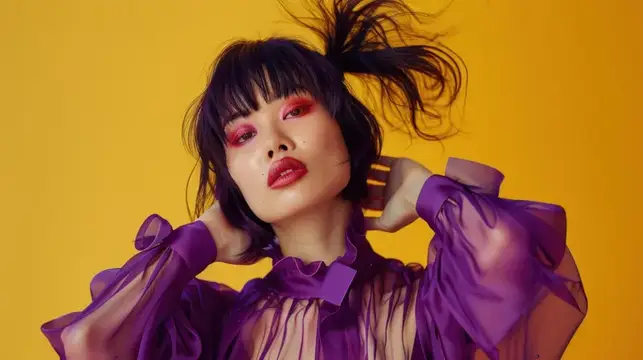 Азиатская девушка с ярким макияжем и растрепанными волосами на желтом фоне