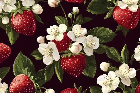 Иллюстрация с клубникой и белыми цветами на тёмном фоне
