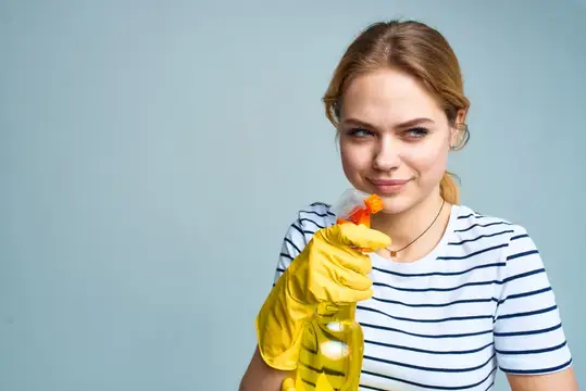 Женщина с ведром чистящих средств заботится о доме