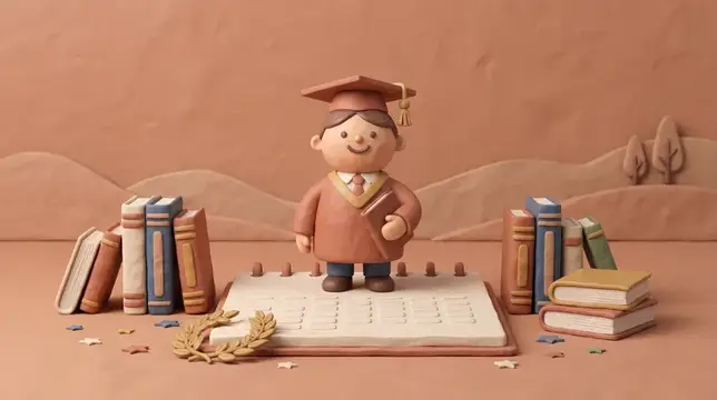 3D-иллюстрация выпускника в мантии с книгой на фоне стопок учебников