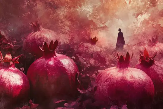 Захватывающая сцена с одинокой фигурой среди сочных красных гранатов, вызывающая темы изобилия, природы и тайны