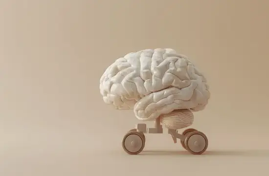 Человеческий мозг на игрушечной машине, исследующий медицинский мир через путешествия и инновации