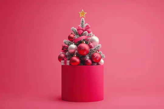Маленькая новогодняя ёлка с красными шарами в розовой коробке