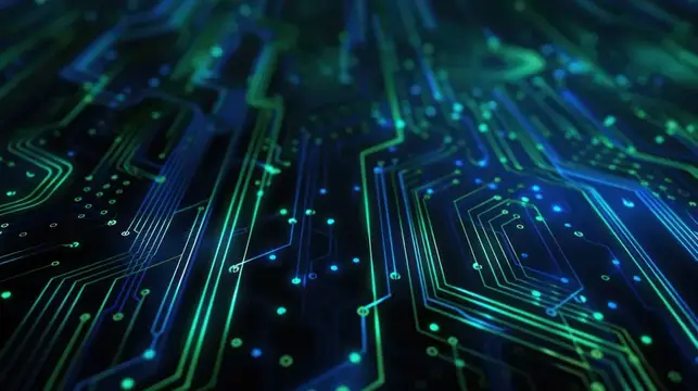 3D-рендер футуристической печатной платы с синими и зелёными дорожками