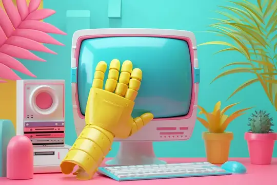 3D-рендер с ретро-компьютером и жёлтой роборукой