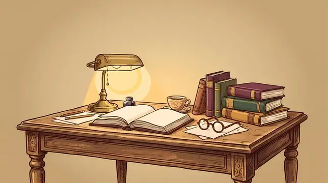 Иллюстрация уютного письменного стола с лампой, раскрытой книгой и стопкой книг
