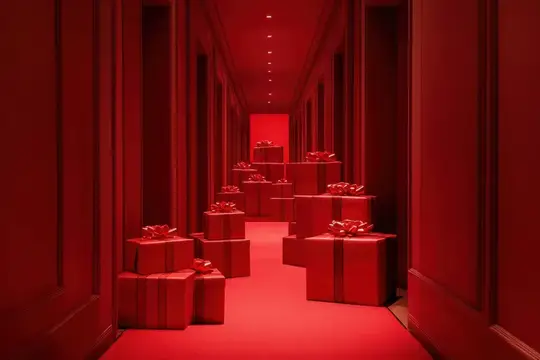 3D-рендер красного коридора с подарочными коробками на полу