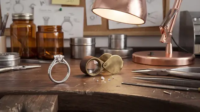 Реалистичный 3D-рендеринг обручального кольца с бриллиантом рядом с латунной лупой и инструментами на темной ореховой верстаке