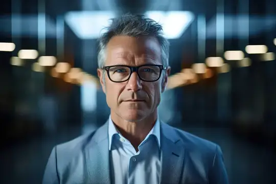Седой мужчина в очках и сером пиджаке смотрит прямо в камеру
