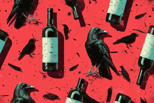 Иллюстрация с воронами и винными бутылками на красном фоне