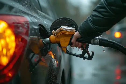 Рука вставляет топливный пистолет в бак автомобиля под дождём
