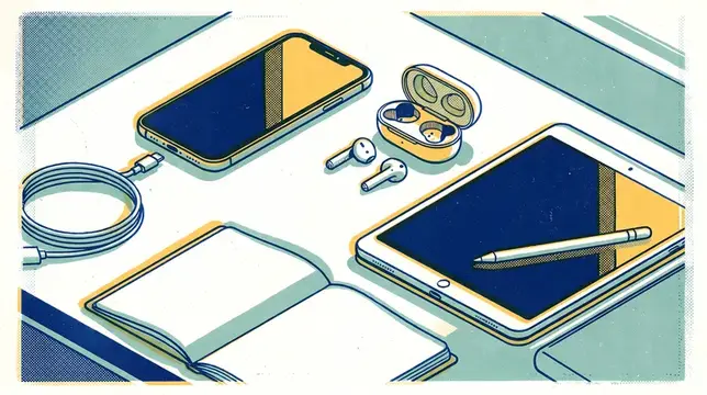 Иллюстрация смартфона, планшета с пером и наушников на рабочем столе