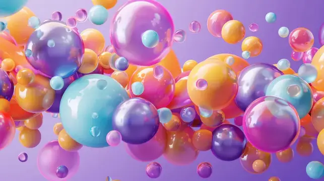 3D-рендер с разноцветными глянцевыми шарами на сиреневом фоне