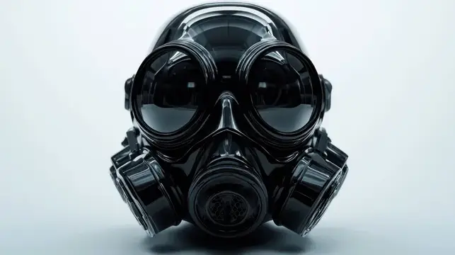 3D-рендер чёрного противогаза с большими круглыми линзами на светлом фоне