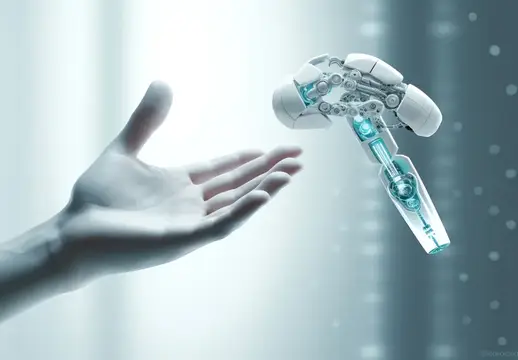 3D-рендер роботизированной руки над ладонью человека