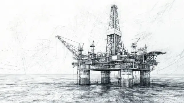 Карандашный рисунок нефтяной платформы в открытом море