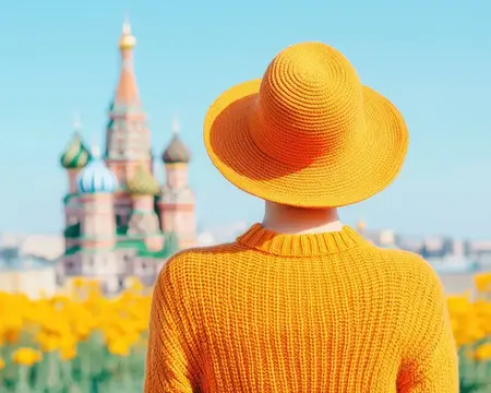 Девушка в жёлтой шляпе и свитере смотрит на собор в солнечный день
