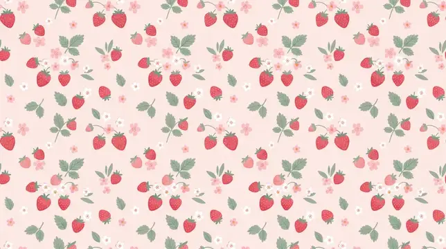 Нежный бесшовный узор с клубникой и цветами на розовом фоне