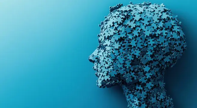 Это яркое абстрактное изображение представляет собой голову человека, составленную из синих кусочков пазла, что символизирует сложность психического здоровья, эмоций и самопознания
